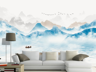 新中式意境抽象水墨山水風景電視背景墻壁畫